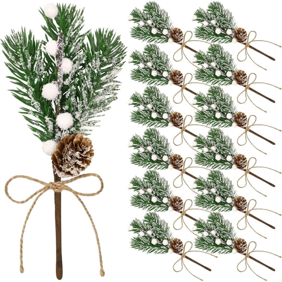 12PCS Christmas Berries Pine Cones, Artificial Pine Picks Christmas Berries Décor with Snowflakes Flocked Holly, for Garden Wedding Xmas Wreaths DIY Craft Décor