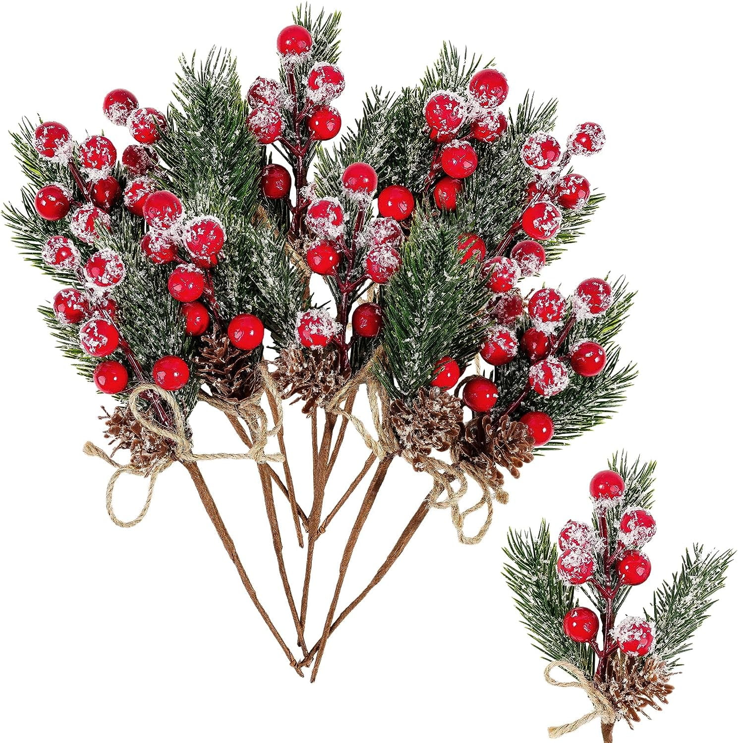12PCS Christmas Berries, Evergreen Pine Branches, Snow Flocked Holly