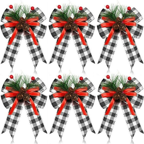12PCS Christmas Black White Bow with Pine Cones Pine Needles Xmas Checkered Ribbon Bow Christmas Tree Decoration Bows