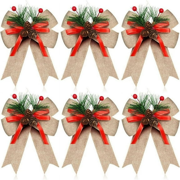 12PCS Christmas Burlap Bow with Pine Cones Needles Xmas Checkered Ribbon Tree Decoration Bows