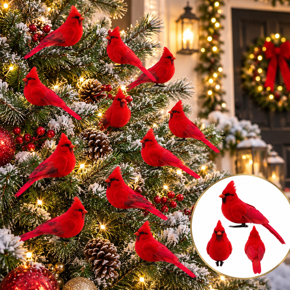 12PCS Christmas Clip On Red Bird Ornaments, Realistic Faux Bird Set with Metal Clips for Christmas Trees, Wreaths, Garlands and Table Decor 1.97in