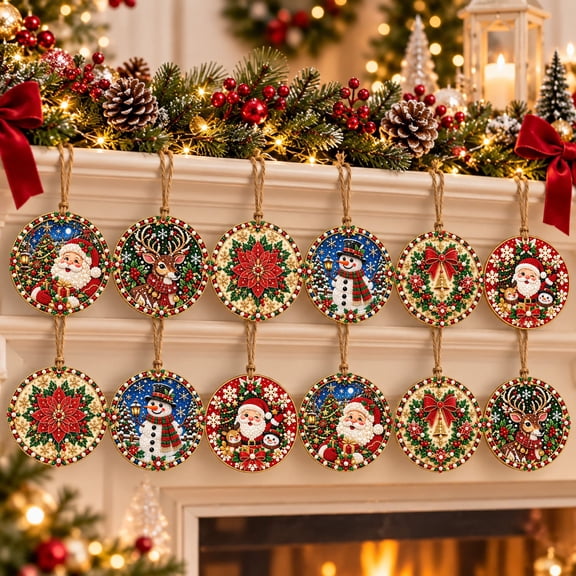 12PCS Christmas Diamond Art Ornaments Kit for Adults, 6 Designs DIY Pearl Art Round Wooden Christmas Ornaments with Special-Shaped Gems, Hanging Christmas Tree Decorations, Holiday Craft Kit