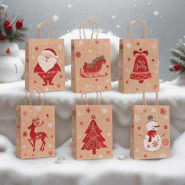 12PCS Christmas Gift Bags, 6 Designs Christmas Kraft Bags with Handles,Xmas Paper Bags for Gifts and Christmas Party Presents