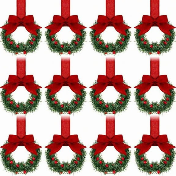 12PCS Christmas Kitchen Cabinet Wreath Hanging Mini Wreath With Ribbon Bows And Berries For Wall Front Door Party Decorations