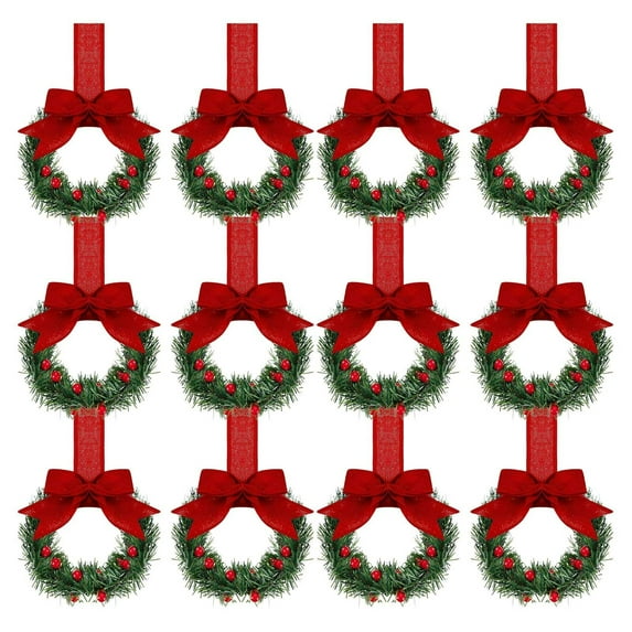 12PCS Christmas Kitchen Cabinet Wreaths with Ribbon, Mini Xmas Wreath with Red Berry and Bow, Christmas Ornaments for Window Wall Front Door Cabinet Party Holiday