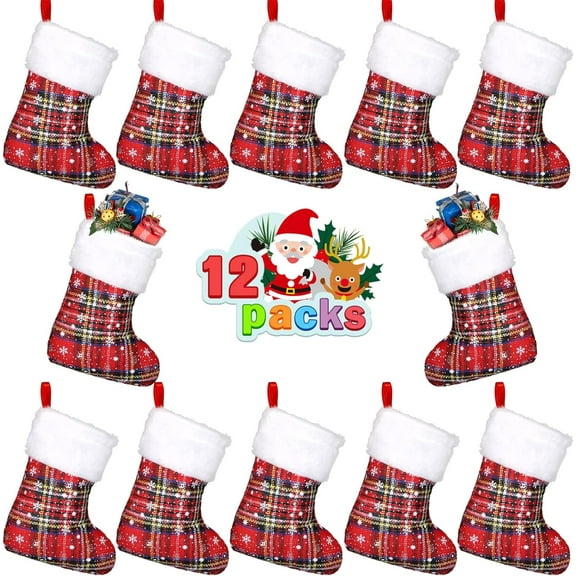 12PCS Christmas Mini Stockings, 7” Double Side Xmas Glitter Buffalo Plaid Fireplace Hanging Snowflake Stocking with Plush Cuff for Christmas Tree Decor