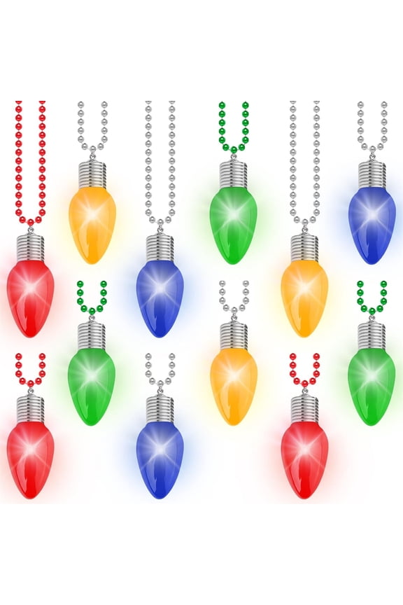 12PCS Christmas Necklace Light Up, 3 Modes Bead Chain Christmas Accessories, 4 Colors Bulk Bead Necklace, Xmas Party Favors for Ugly Sweater Parties Holiday Celebrations, Festive Gift Supplies