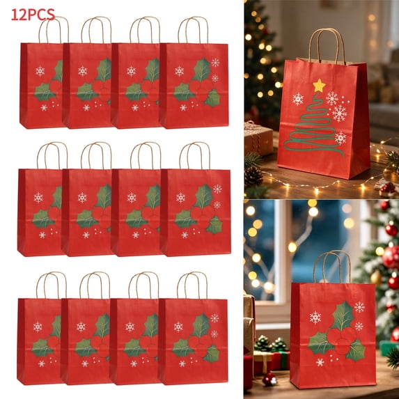 12PCS Christmas Themed Paper Gift Bags, Red & Green Christmas Pattern Handled Kraft Bags, Disposable Goodie Bags for Holiday Presents, Xmas Party Favors & Christmas Decorations