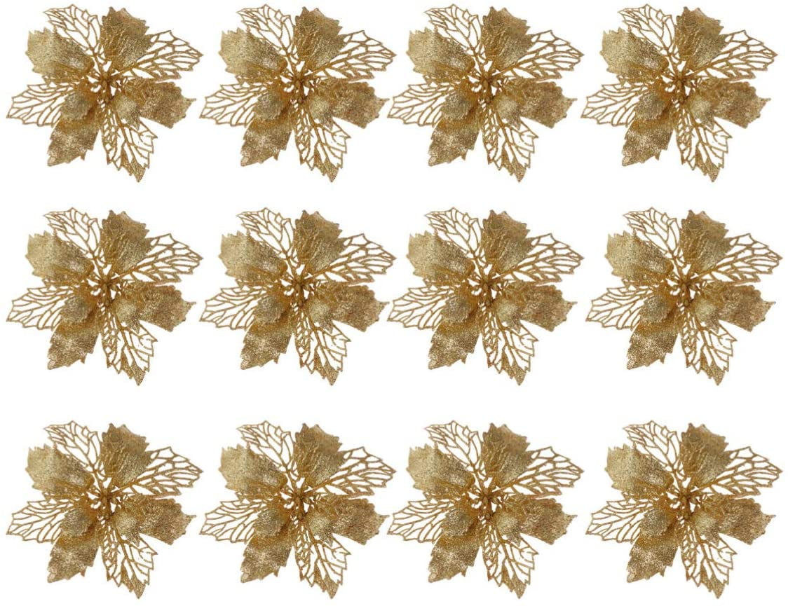 12PCS Christmas Tree Ornaments Glitter Artificial Poinsettia Flower