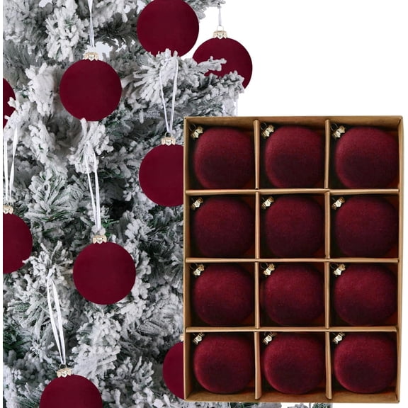12PCS Christmas Tree Ornaments Velvet Balls, 2.4Inch Velvet Christmas Ornaments Hanging Ball Decoration, Flocked Shatterproof Xmas Bulbs Decorations for Wedding Christmas Party