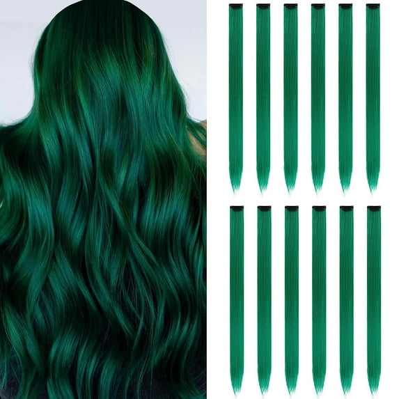 12PCS Colored Green Hair Extensions Party HigFrifoshsights Colorful Clip in Hair Extensions 22 Inch Straight Synthetic Hairpieces for Women Kids Girls Halloween Christmas Cosplay(Green)