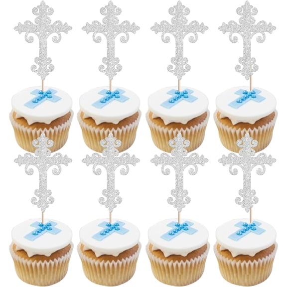 12PCS Cross Cupcake Toppers, Glitter Silver Cross Cupcake Picks, Baptism First Communion Christening Party Decorations