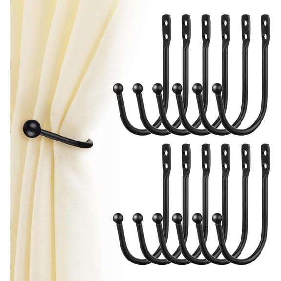 12PCS Curtain Tie Back Hooks, Metal Curtain Holdbacks Side Tiebacks Wall Mounted with Screws, Black