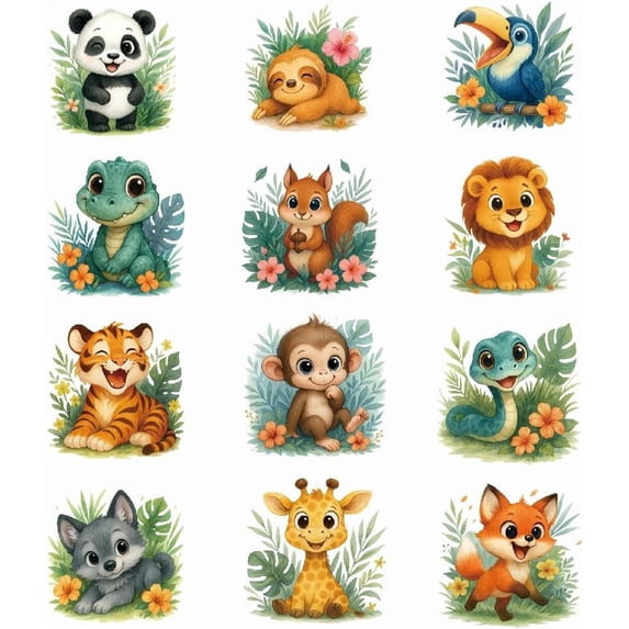 12PCS Cute Floral Animals Iron On Transfer Patches Cartoon Animals Heat ...