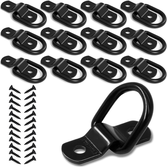 12PCS D Ring Cargo Tie Down Anchors 1/4" D-Rings Lashing for Trailer Truck Pickup Camper Surface Mount,Heavy Duty Tie Down Ring 2400 Pound Capacity Black