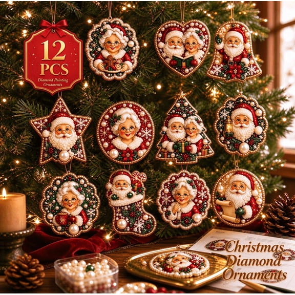 12PCS DIY Diamond Art Kits for Adults Christmas Decorations, Pearl Art Kits for Adults Christmas Ornaments, Multiple Wooden Diamond Art Kits for Christmas Tree