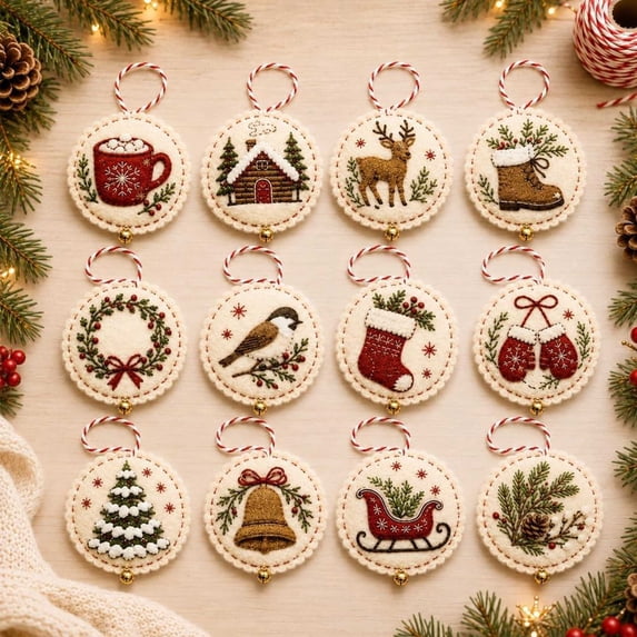 12PCS DIY Felt Christmas Ornament Kit,Hand Embroidery Christmas Ornaments kit, Beginner Craft Set for Adults, Hanging Set, Cross Stitch Pattern, Decoration Making Materials, D