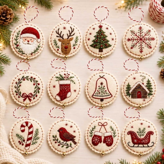 12PCS DIY Felt Christmas Ornament Kit,Hand Embroidery Christmas Ornaments kit, Beginner Craft Set for Adults, Hanging Set, Cross Stitch Pattern, Decoration Making Materials, C
