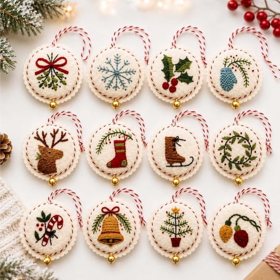 12PCS DIY Felt Christmas Ornament Kit,Hand Embroidery Christmas Ornaments kit, Beginner Craft Set for Adults, Hanging Set, Cross Stitch Pattern, Decoration Making Materials, B