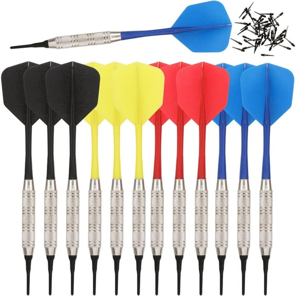 12PCS Darts for Dart Board，Soft Tip Darts Set，Fun Darts Replaceable Tip for 4 Players on Electronic or Plastic Dartboard 100 Extra Black 2BA Tips 3 of Each Color