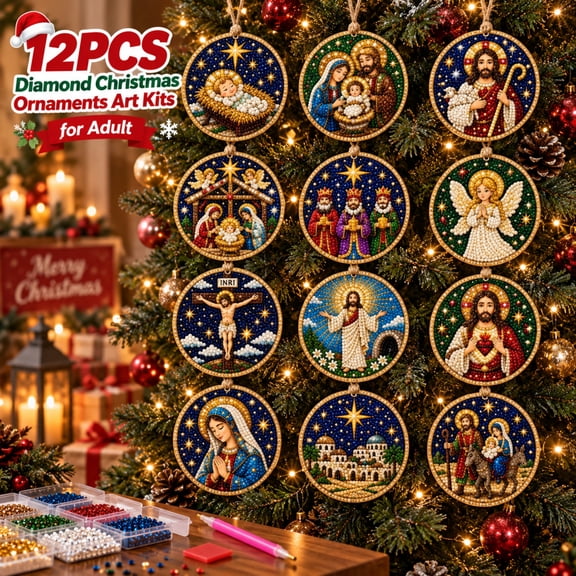 12PCS Diamond Christmas Ornaments Art Kits for Adult DIY Pearl Painting Beaded Craft Tree Window Hanging Decorations with Twine Holiday Gem Rhinestone Mosaic Handmade Resin Supplies Set