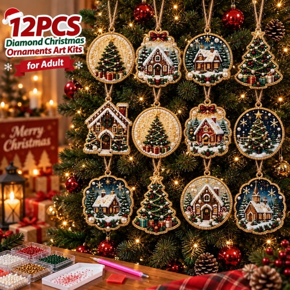 12PCS Diamond Christmas Ornaments Art Kits for Adult DIY Pearl Painting Beaded Craft Tree Window Hanging Decorations with Twine Holiday Gem Rhinestone Mosaic Handmade Resin Supplies Set