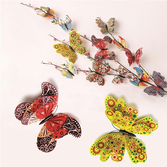 12PCS Double Wings 3D Butterfly Wall Stickers Decals DIY Art Crafts Decorations for Windows Refrigerator Bedroom Classroom Bathroom Home Office Birthday Party Decor Mixed Color