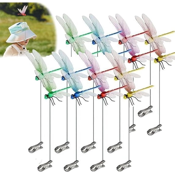 12PCS Dragonfly Clip Bug Repellent, Outdoor Fake Dragonfly Rod Clip for Hat, 3D Artificial Realistic Garden Stakes Decor to Keep Flies Away for Indoor Patio by JEWLALO