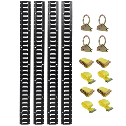 12PCS E Track Tie-Down Rail Kit, Trucks, Vans, Garages, Trailer Tie Down System,4 Pack 5ft Horizontal E-Track , 4 Pack Steel O-Ring Anchors,4 Pack Rope Tie Offs, 2 Pack Ratchet Straps
