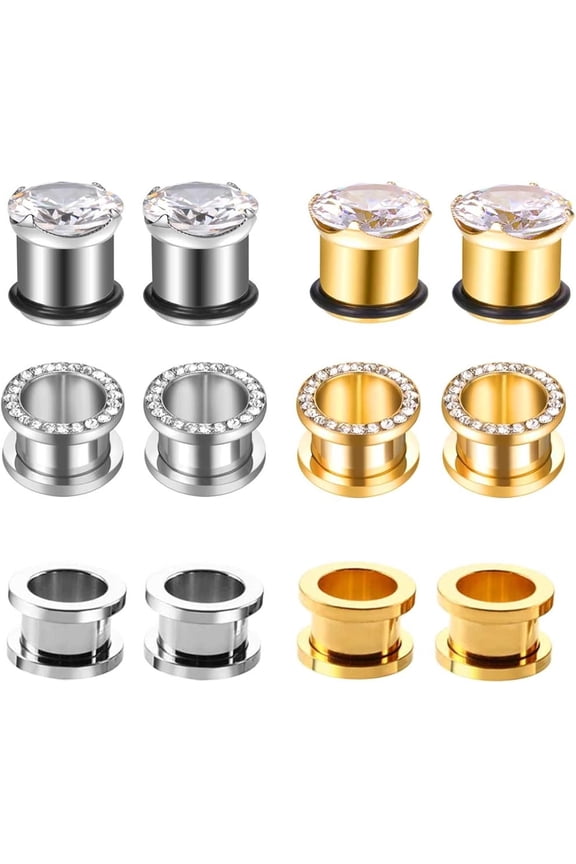 12PCS Ear Stretching Kit Versatile, Silver Gold Plugs Earrings Charming Hoop with Cubic Zirconia Piercing Jewelry Stainless Steel for Men Women[y812]