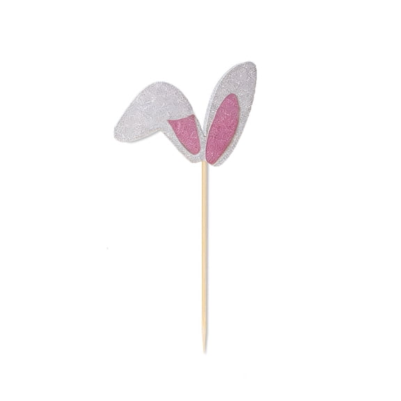 12PCS Easter Bunny Ear Cake Toppers Decoration, Glitter Paper Rabbit Ornament Cupcake Picks for Easter Party & Dessert Decor
