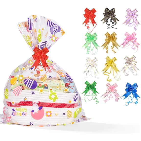 12PCS Easter Cellophane Basket Wrap Bags,Large Clear for Gifts & Wrapping, Bunny Egg Designs