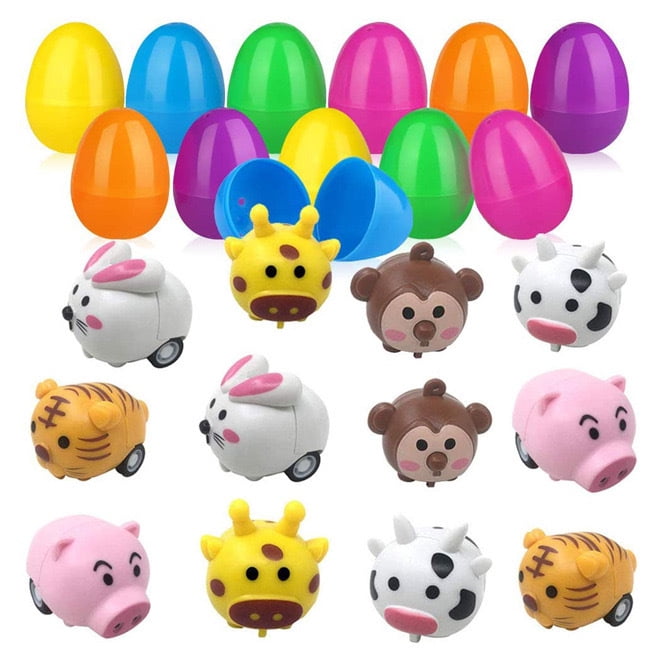 12PCS Easter Egg Surprise Set with Mini Animal Pull-Back Cars - Colorful Egg Hunt & Party Favors for Holiday Gifting