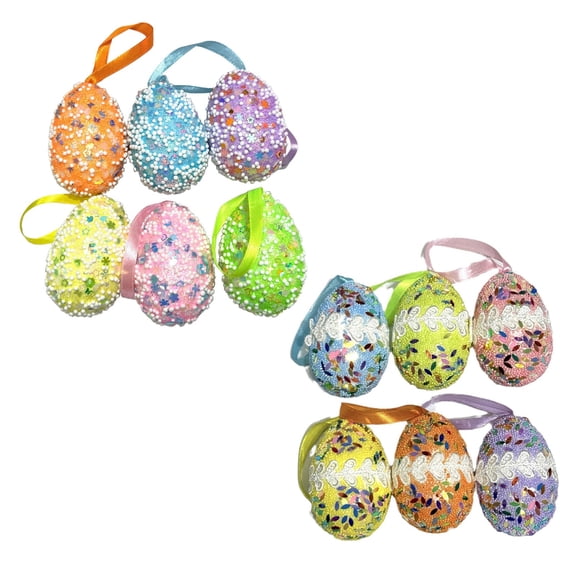 12PCS Easter Hanging Egg Ornaments with Glitter Beads and Lace Trim, Foam Decorated Eggs with Ribbons for Easter Tree Wreath Party Backdrop and DIY Crafts