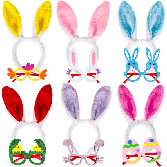 12PCS Easter Headbands and Glasses Frame Set Easter Bunny Ears Rabbit Chick Eggs Party Favor Decorations Supplies Photo Booth for Kids and Adults