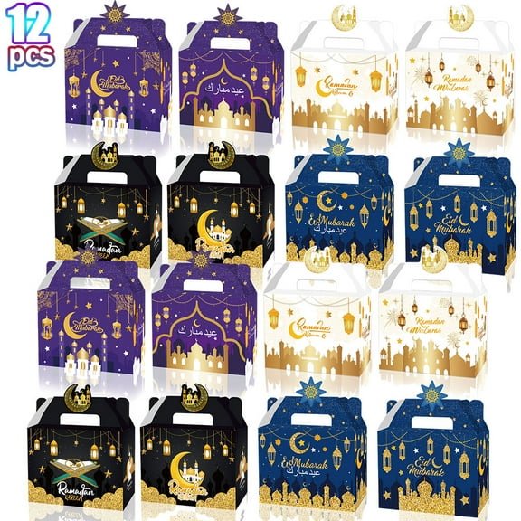 12PCS Eid Mubarak Treat Boxes Ramadan Blue Treat Candy Goodie Boxes for Eid Muslim Holiday Party Favor Gift Giving Bag Eid Al-Fitr Party Supplies Eid Decorations