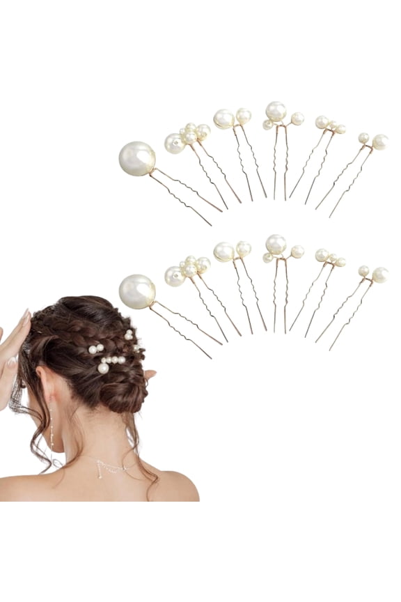 12PCS Elegant Pearl Hair Pins - U Shaped Bridal Hair Styling, Handmade with Sparkling Rhinestones, Gold Plated Hair Accessories for Wedding, Prom, Party