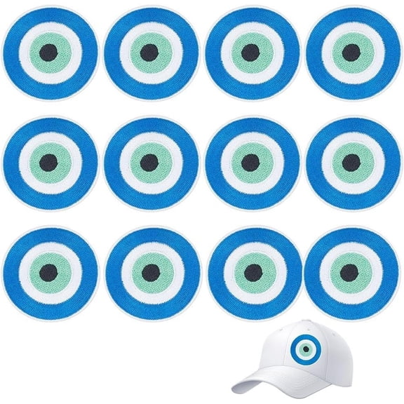 12PCS Evil Eye Patches (Iron On/Sew On) Medium Blue Embroidered Appliques for Sewing or Iron On Round Evil Eye Patches for Clothes Bags DIY Crafts Home Decor