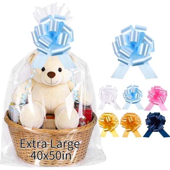 12PCS Extra Large Cellophane Bags 40x50 Inch Cellophane Wrap for Gift Baskets with 12 Pull Bows Storage Bag Clear Basket Wrap Gift Bags for Mothers Day Graduation Baby Bridal Shower Party