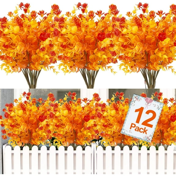 12PCS Fall Artificial Flowers UV Resistant Plants Fall Decorations, Faux Plastic Eucalyptus Greenery Shrubs Fake Plant Autumn Indoor Outdoor Home Fireplace Garden Thanksgiving Decor(Color Mix)