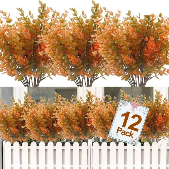 12PCS Fall Artificial Flowers UV Resistant Plants Fall Decorations, Faux Plastic Eucalyptus Greenery Shrubs Fake Plant Autumn Indoor Outdoor Home Fireplace Garden Thanksgiving Decor(Color Mix)