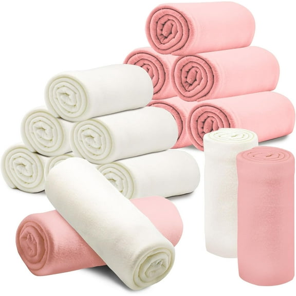 12PCS Fleece Throw Blankets Bulk 60 x 50 in Soft Blankets Fabric Warm Lightweight Wool Blanket Cozy Coverlet for Beds Sofas Home Wedding Season(Pink +White)