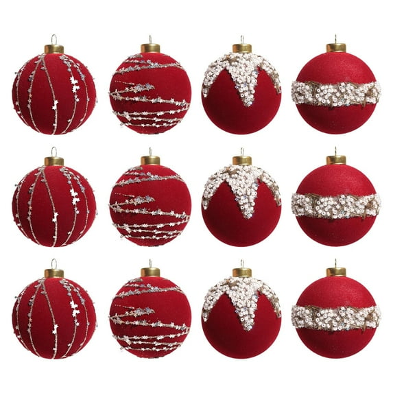 12PCS Flocked And Beaded Christmas Balls - 2.36inch Shatterproof Plastic Xmas Baubles with Exquisite Star Chains and Fake Beads Ornament Christmas Hanging Decorations for Holiday Party Xmas Tree