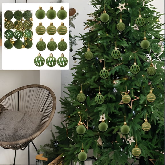 12PCS Flocked Christmas Ball Ornaments, 1.57 Inch Velvet Finish Plastic Baubles with Hanging Strings, Decorative Christmas Tree Balls for Holiday Tree, Wreath, Garland and Home Decor,Green