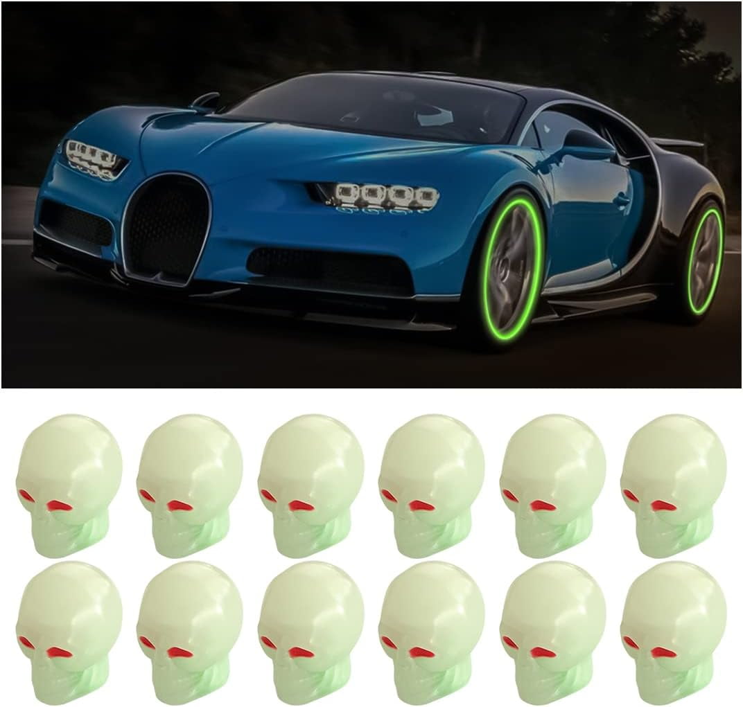 12PCS Fluorescent Skull Tire Valve Stem Caps, Luminous Auto Wheel Air