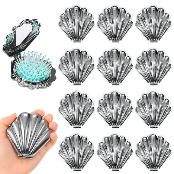 12PCS Foldable Travel Hair Brushes, Mini Shell-Shaped Hair Combs with Mirrors, Compact Pocket Hair Massage Brushes, Cute Makeup Mirror Set for On-the-Go Use
