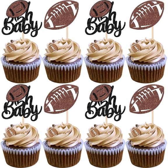 12PCS Football Baby Shower Cupcake Toppers - Black & Brown Glitter Picks for Super Bowl, Baby Gender Reveal Party Decorations