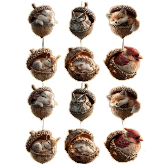 12PCS Forest Animal Acorn Ornaments – Cozy Forest Christmas Ornaments,2D Wood Cute Forest Animal Christmas Trees Hanging Decorations,Rustic Nature-Themed Home Decor, Animal Lovers Gift