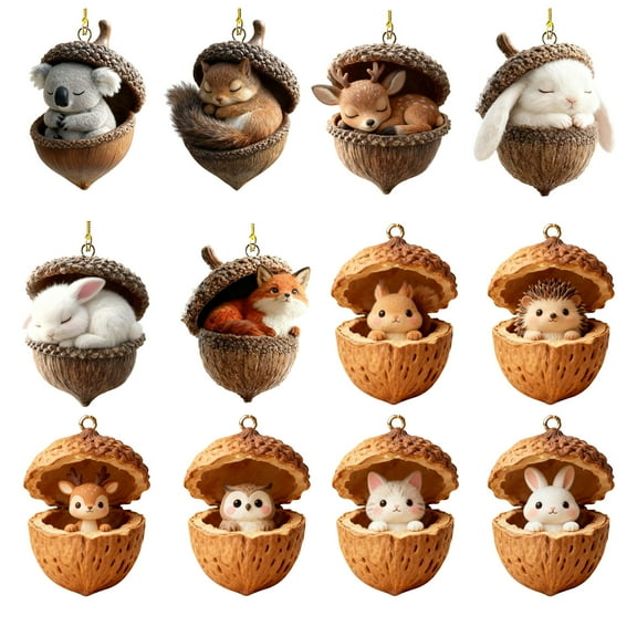 12PCS Forest Animal Acorn Ornaments, Cozy Forest Woodland Christmas Ornaments, Pine Cone Animal Deco for Christmas Tree, Squirrel Acrylic Hanging Ornament for Home Decor