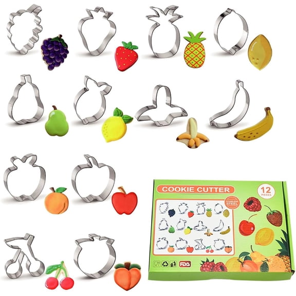 12PCS Fruit Cookie Cutters Set 5 Inch Stainless Steel Fruits Shape Strawberry, Pear, Lemon, Apple, Grape, Peach, Banana, Cherry Pattern Shapes Cookie Cutters